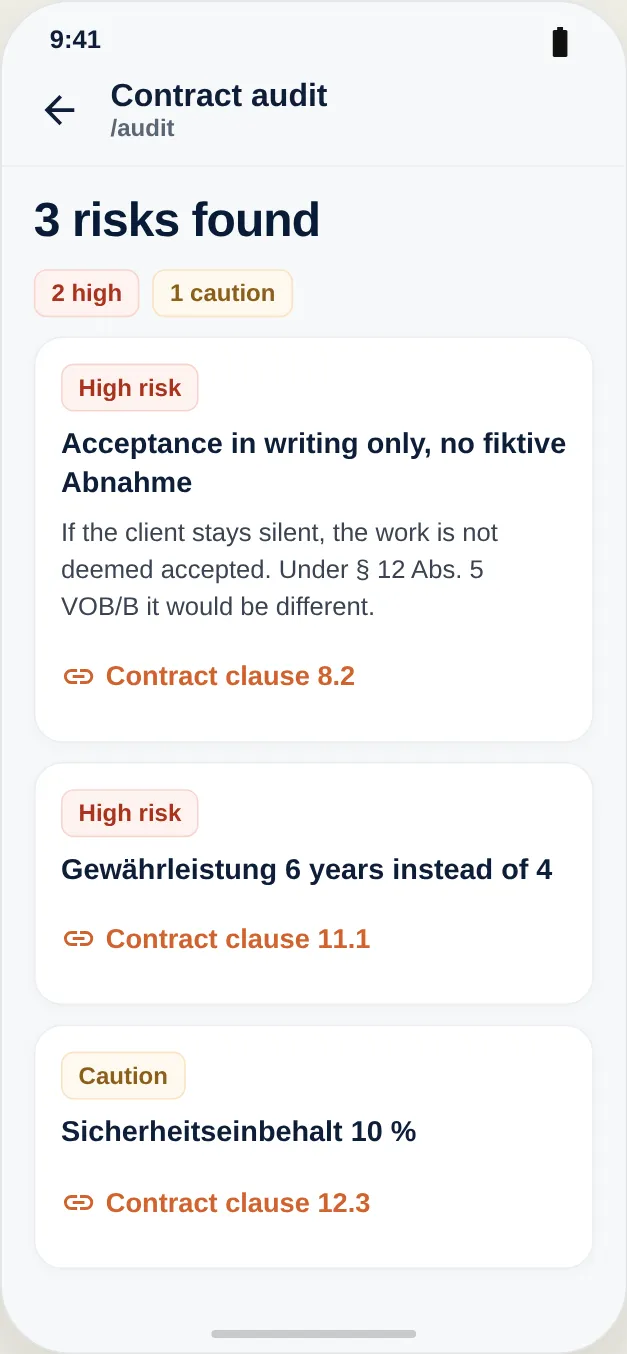Review report: three risks with a reference to the contract clause