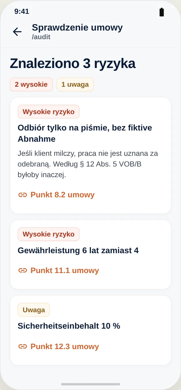 Raport z analizy: trzy ryzyka z odniesieniem do punktu umowy