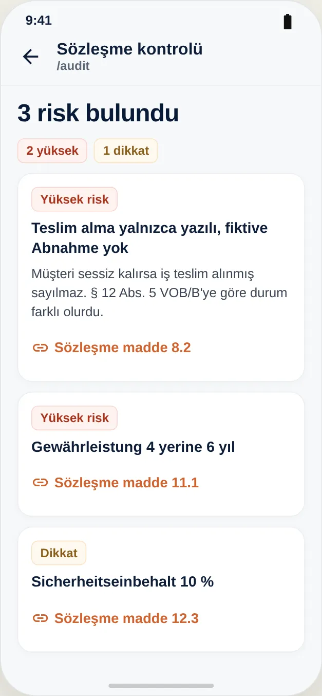 Denetim raporu: sözleşme maddesine atıfla üç risk