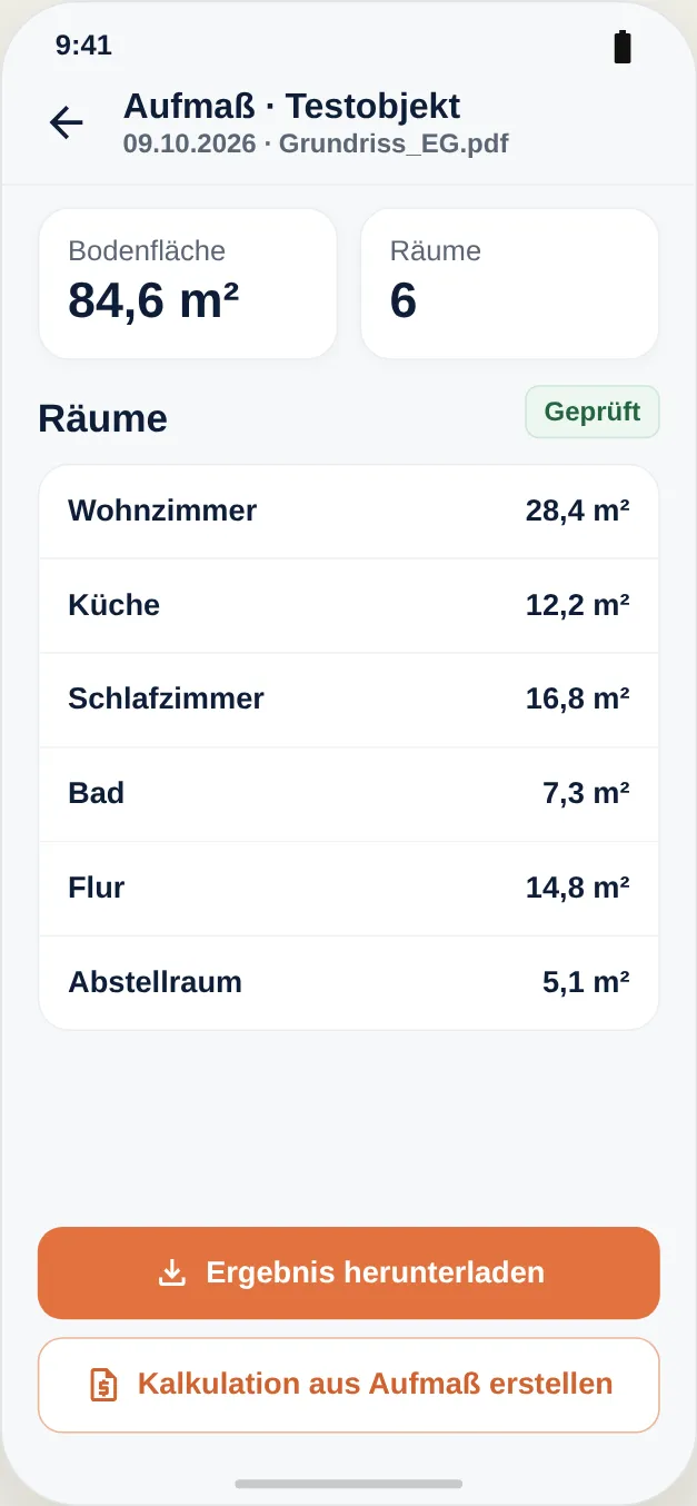 Ergebnis: Räume und Flächen zum Prüfen, Download und als Grundlage für ein Angebot