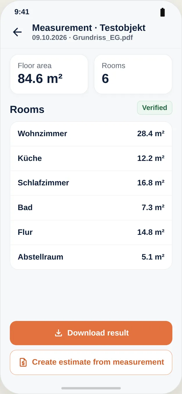 Result: rooms and areas to review, download and use as the basis for a quote