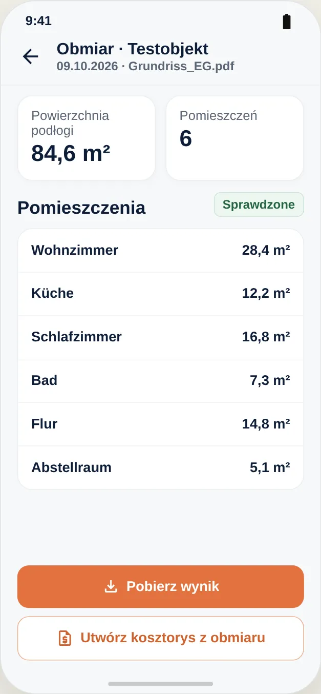 Wynik: pomieszczenia i powierzchnie do sprawdzenia, pobrania i jako podstawa oferty