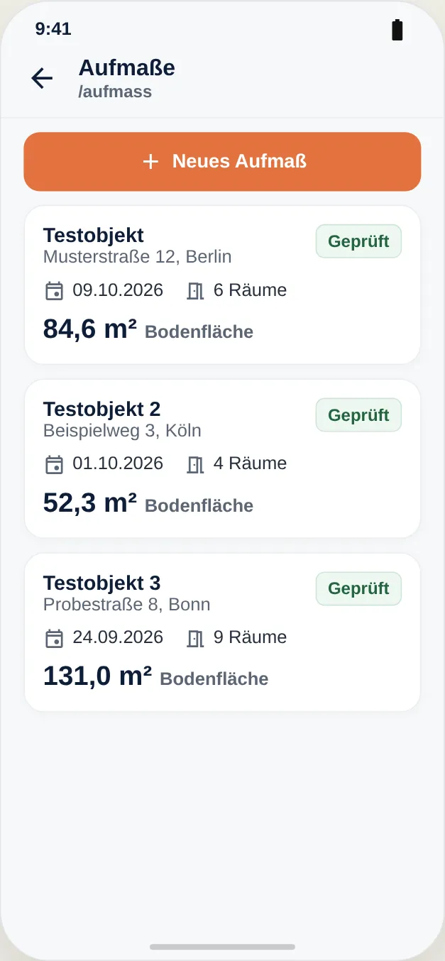 Alle Aufmaße eines Objekts im Überblick