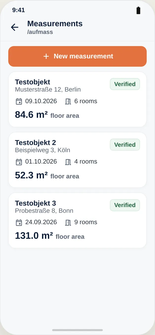All Aufmaße of a project at a glance
