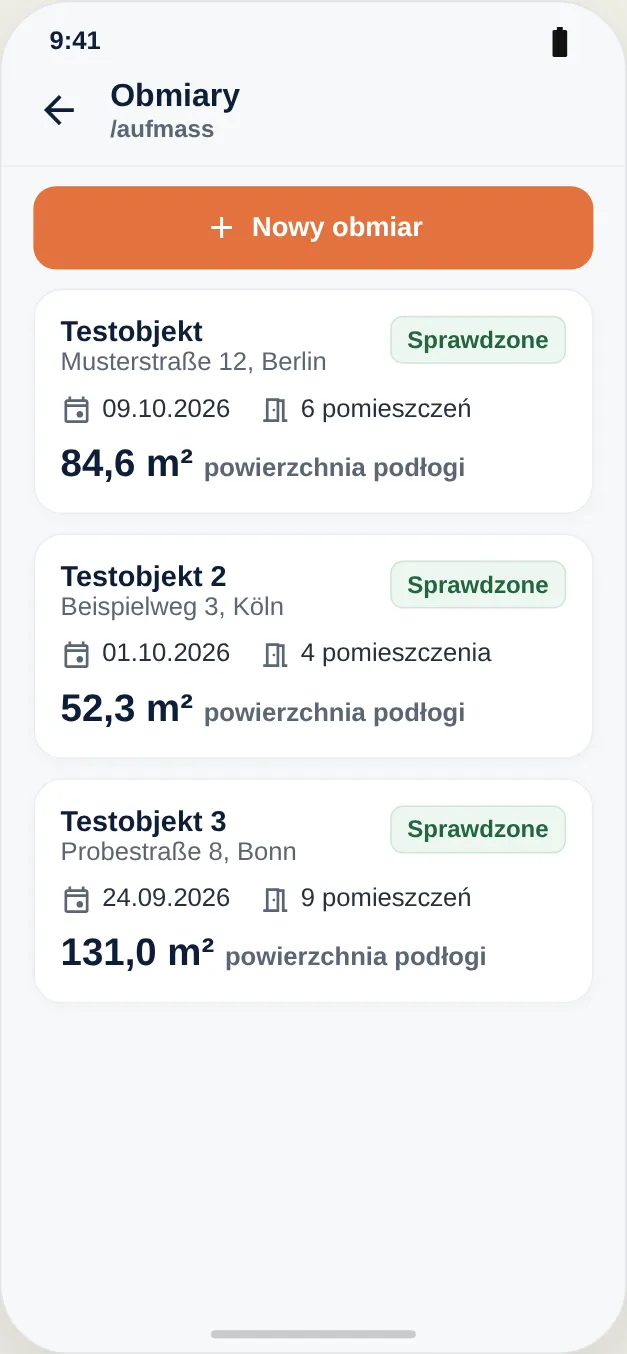 Wszystkie Aufmaße obiektu w jednym przeglądzie