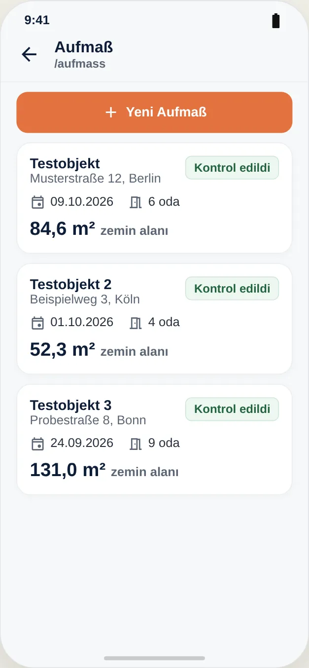 Bir projenin tüm Aufmaß'larına genel bakış