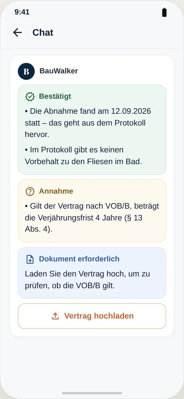 Bestätigt, Annahme und fehlendes Dokument getrennt ausgewiesen