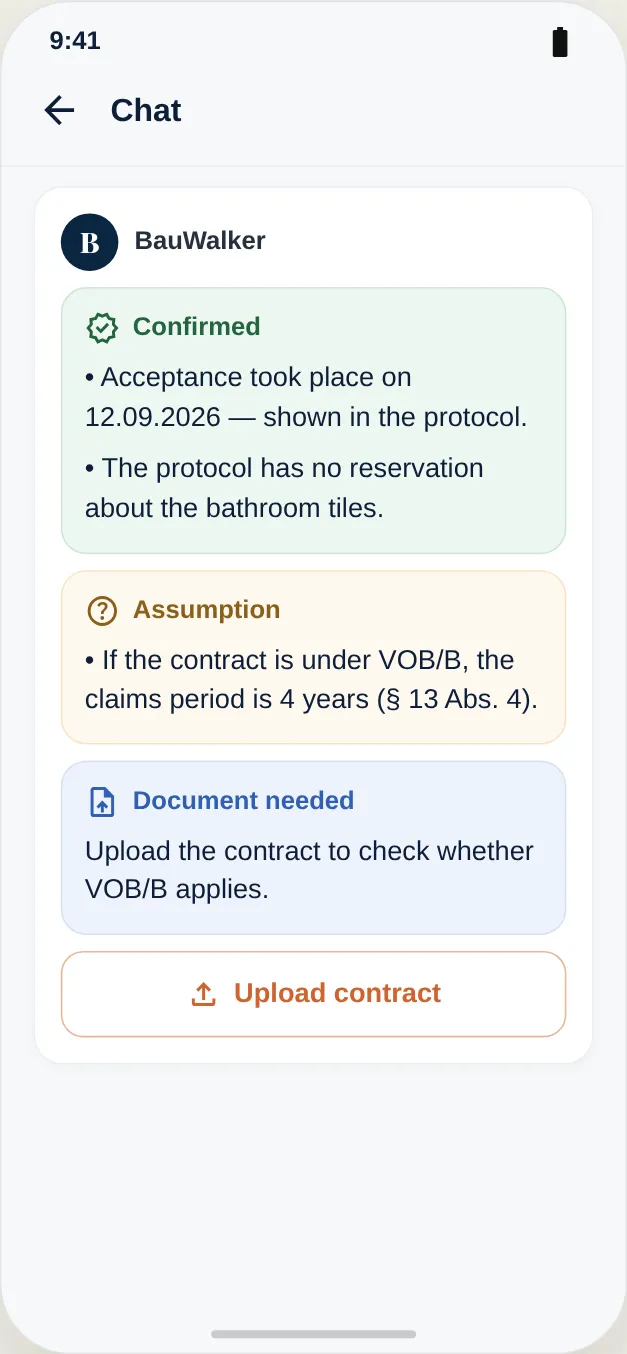 Confirmed, assumption and missing document shown separately