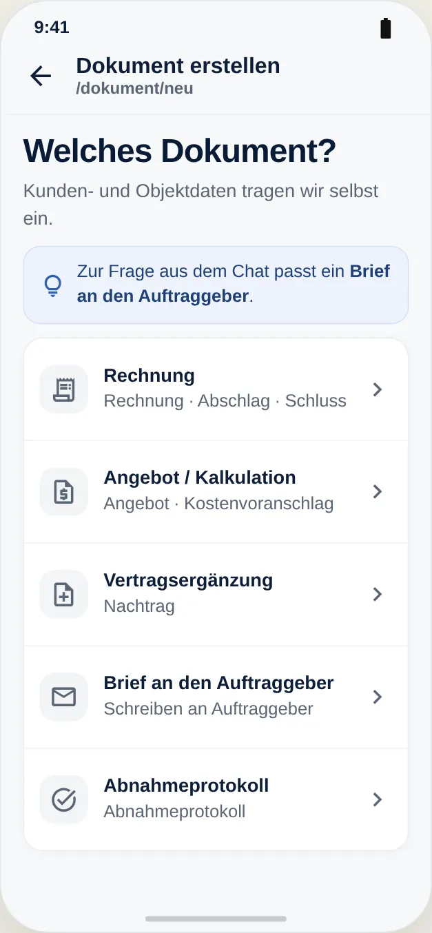 Dokumenttyp wählen – Kunden- und Objektdaten werden eingesetzt