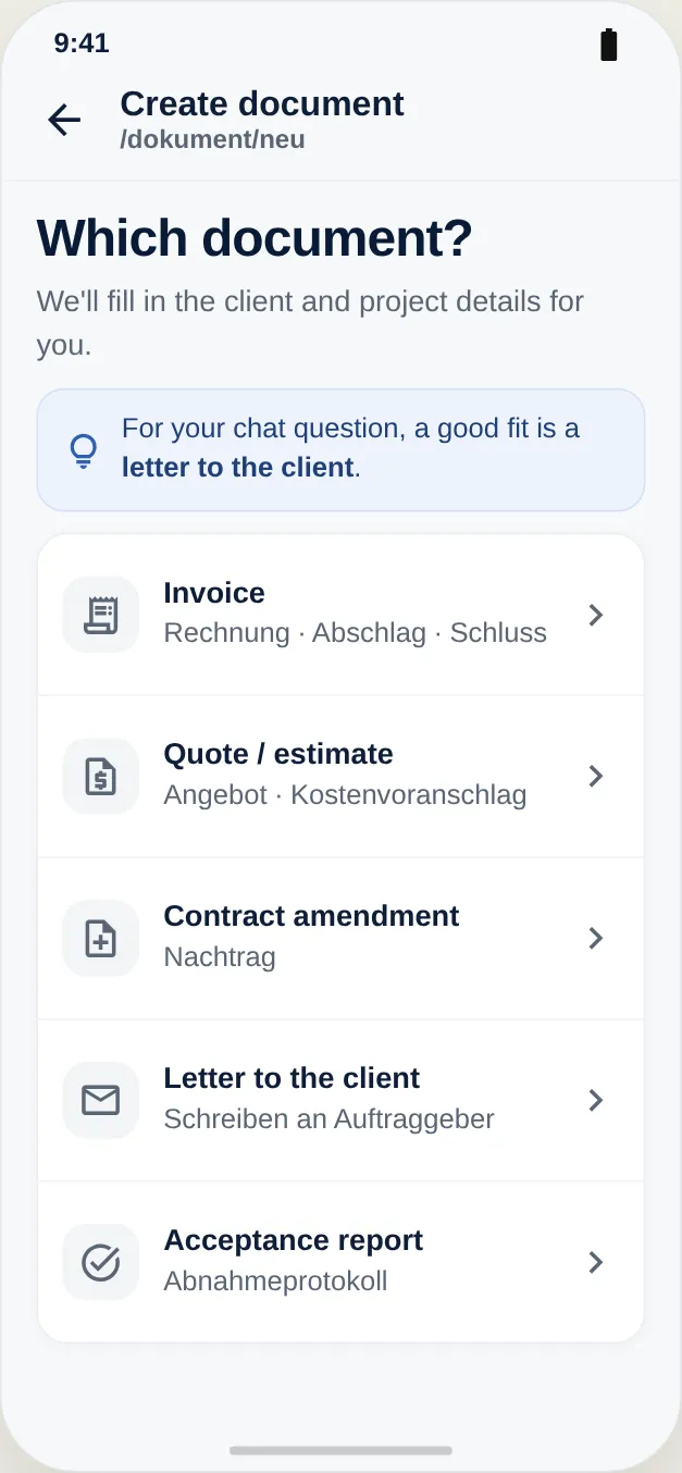 Choose the document type – customer and project data are filled in