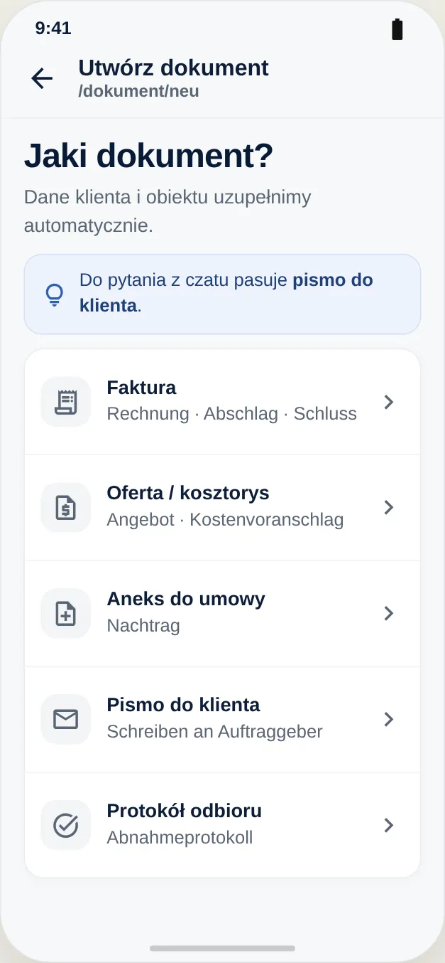 Wybierz typ dokumentu – dane klienta i obiektu zostaną uzupełnione