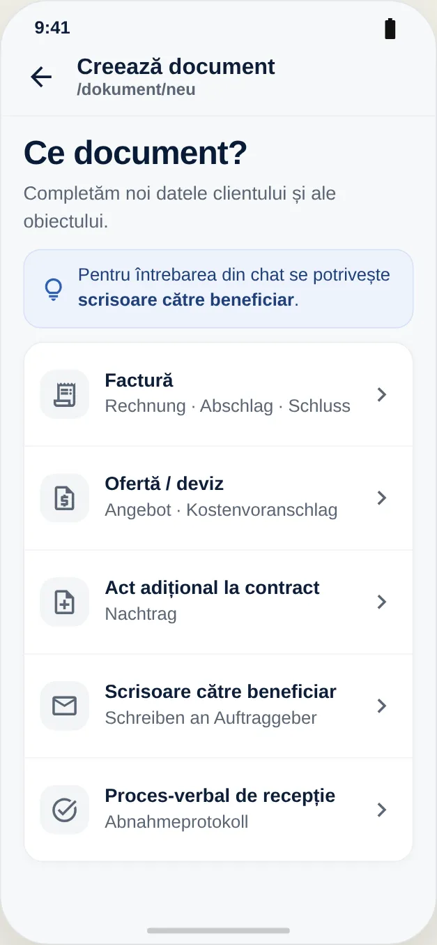 Alegeți tipul de document – datele clientului și ale obiectivului sunt completate