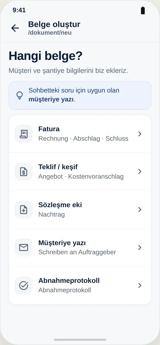 Belge türünü seçin – müşteri ve proje verileri yerleştirilir