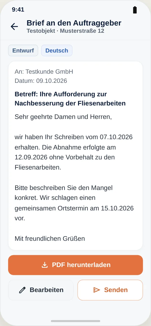 Entwurf eines Schreibens an den Auftraggeber: herunterladen, bearbeiten, senden