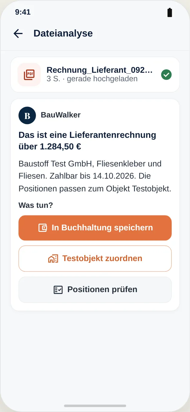 Eine hochgeladene Lieferantenrechnung wird gelesen und kann dem Objekt zugeordnet werden