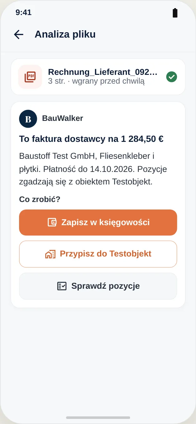 Wgrana faktura dostawcy zostaje odczytana i może być przypisana do obiektu