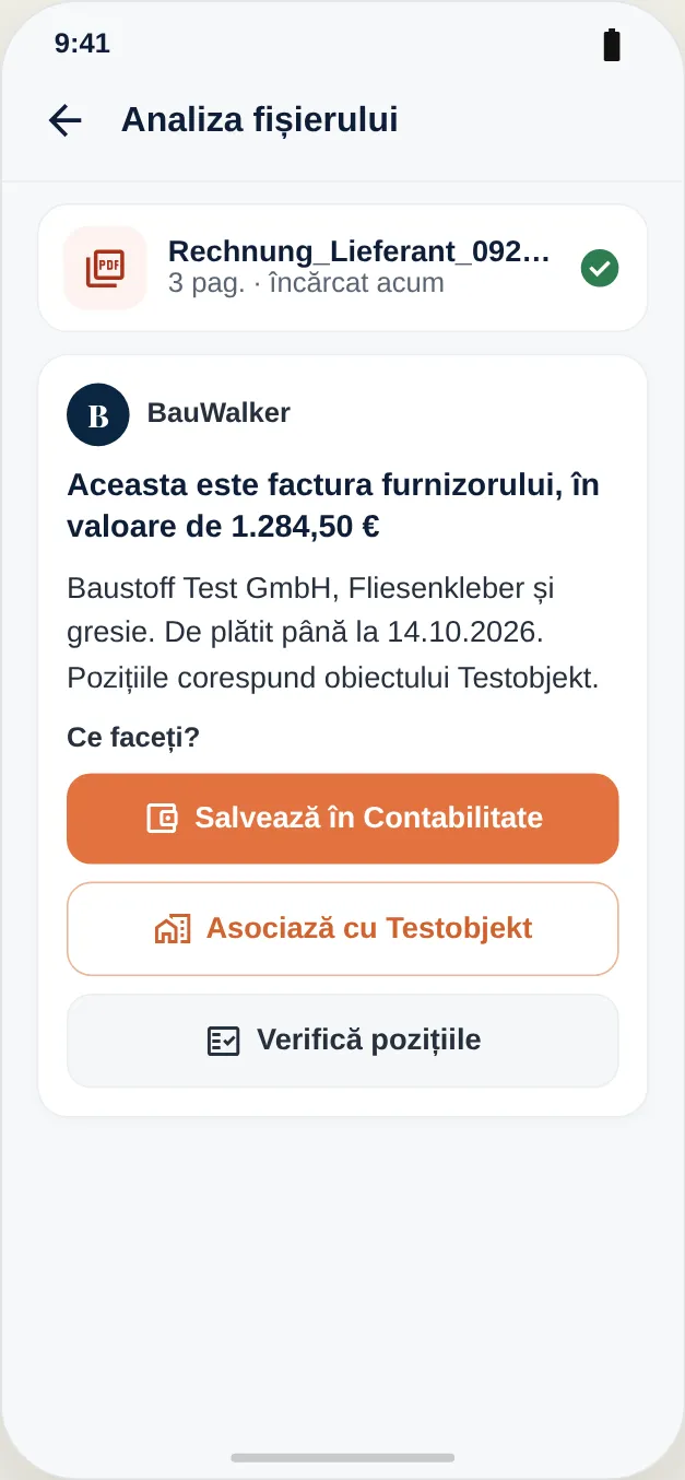 O factură de la furnizor încărcată este citită și poate fi atribuită obiectivului