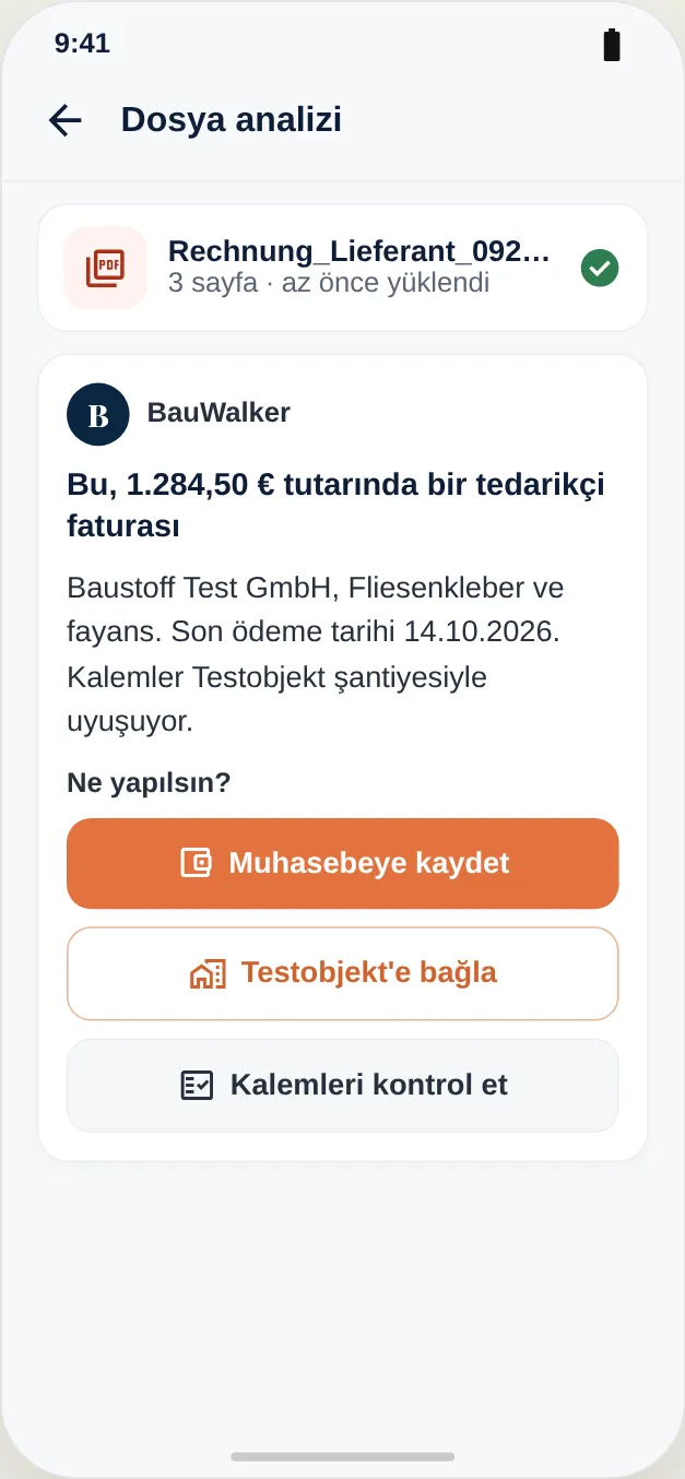 Yüklenen tedarikçi faturası okunur ve projeye atanabilir