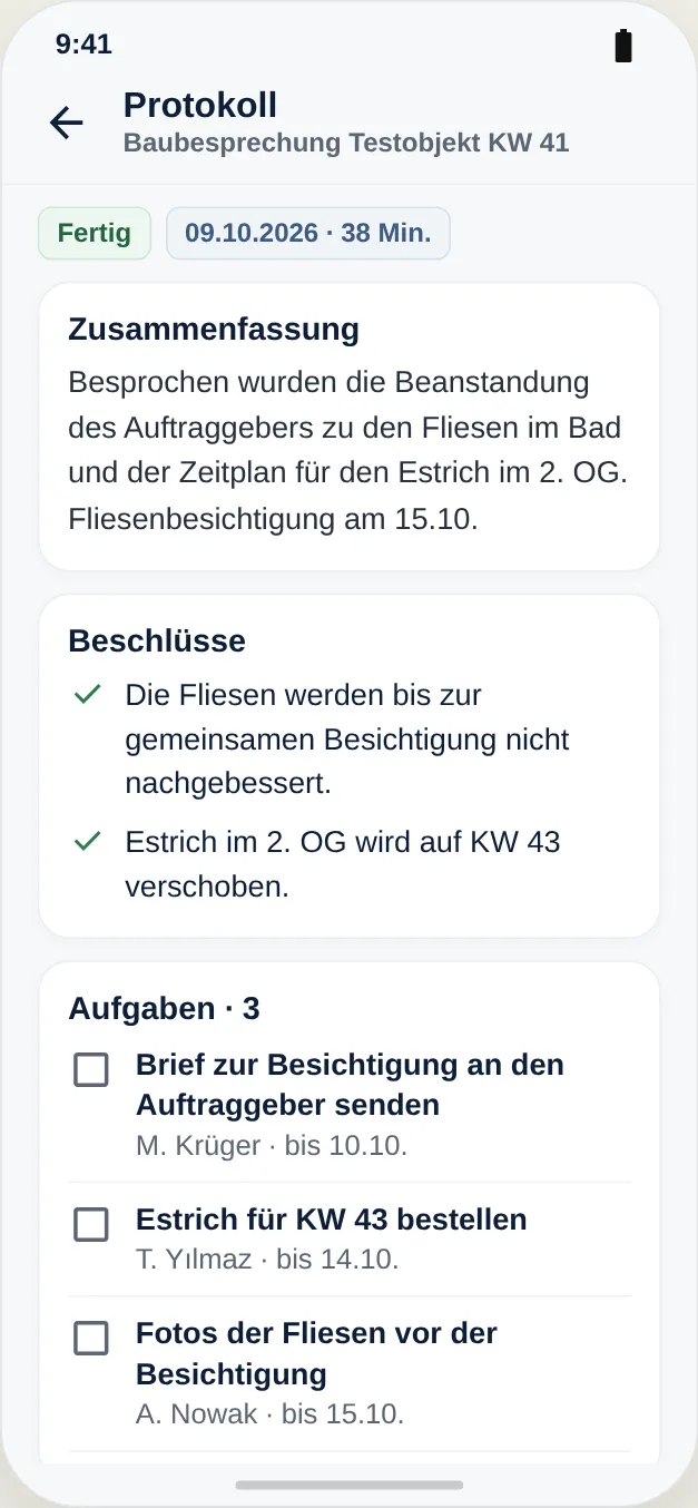 Protokoll mit Zusammenfassung, Beschlüssen und Aufgaben