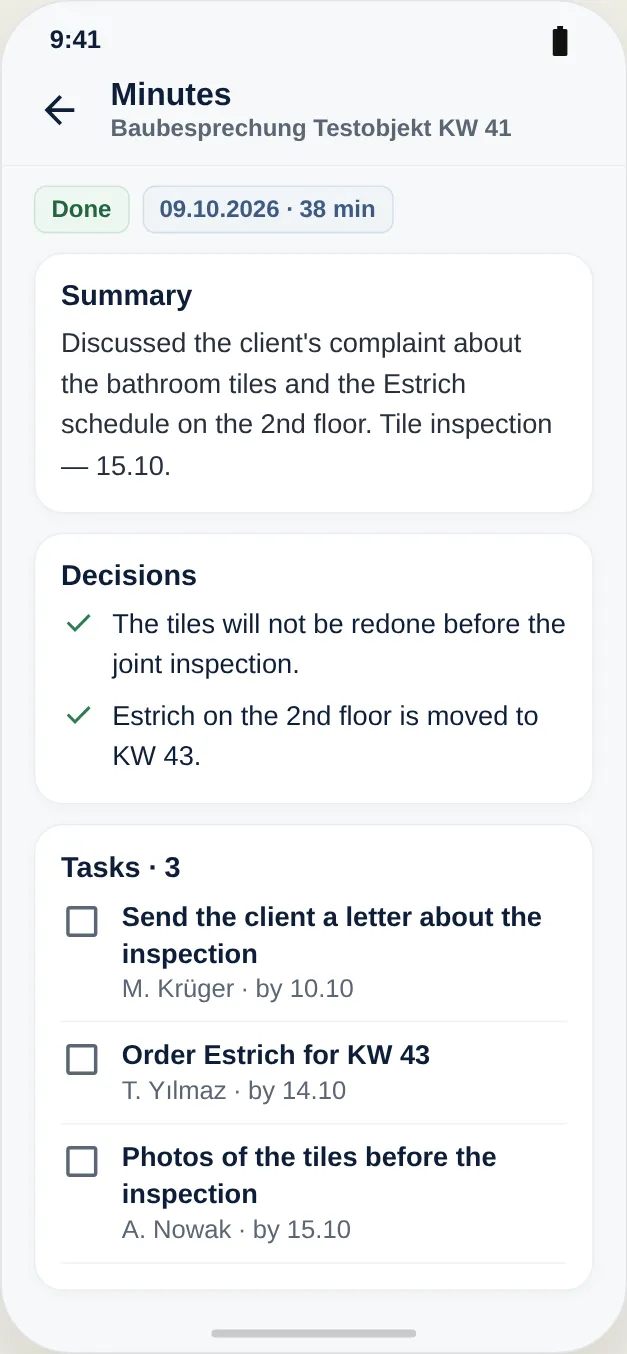 Minutes with summary, decisions and tasks