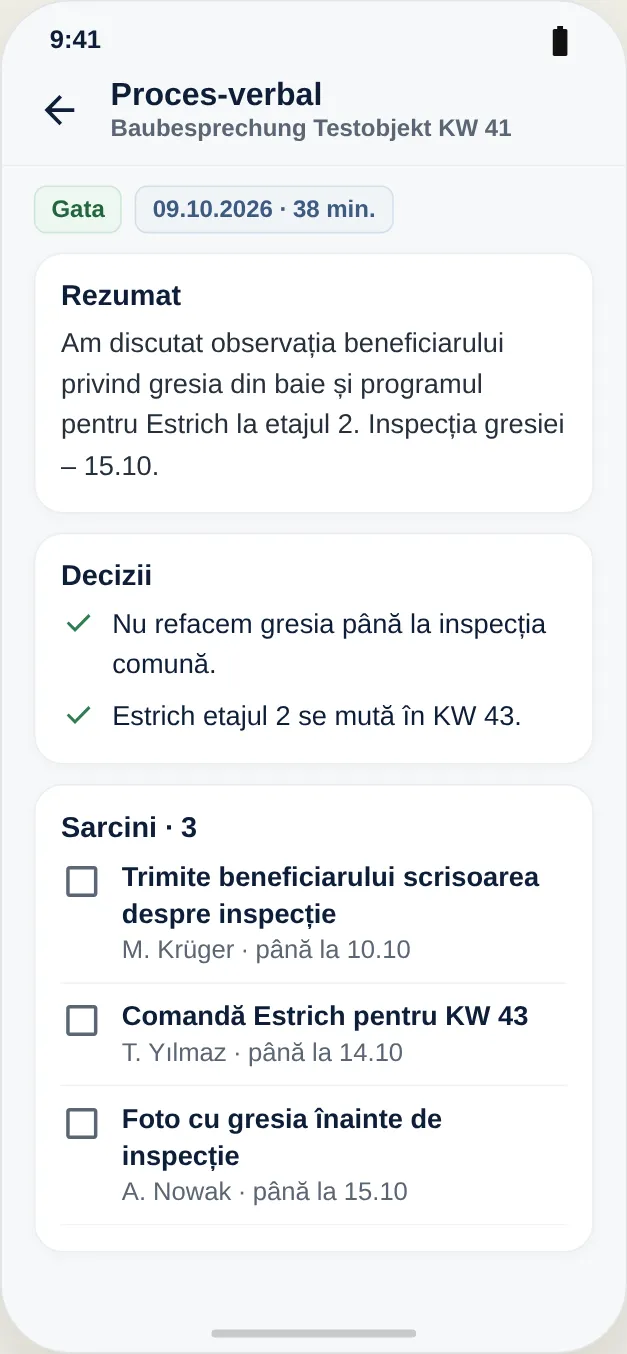 Proces-verbal cu rezumat, decizii și sarcini