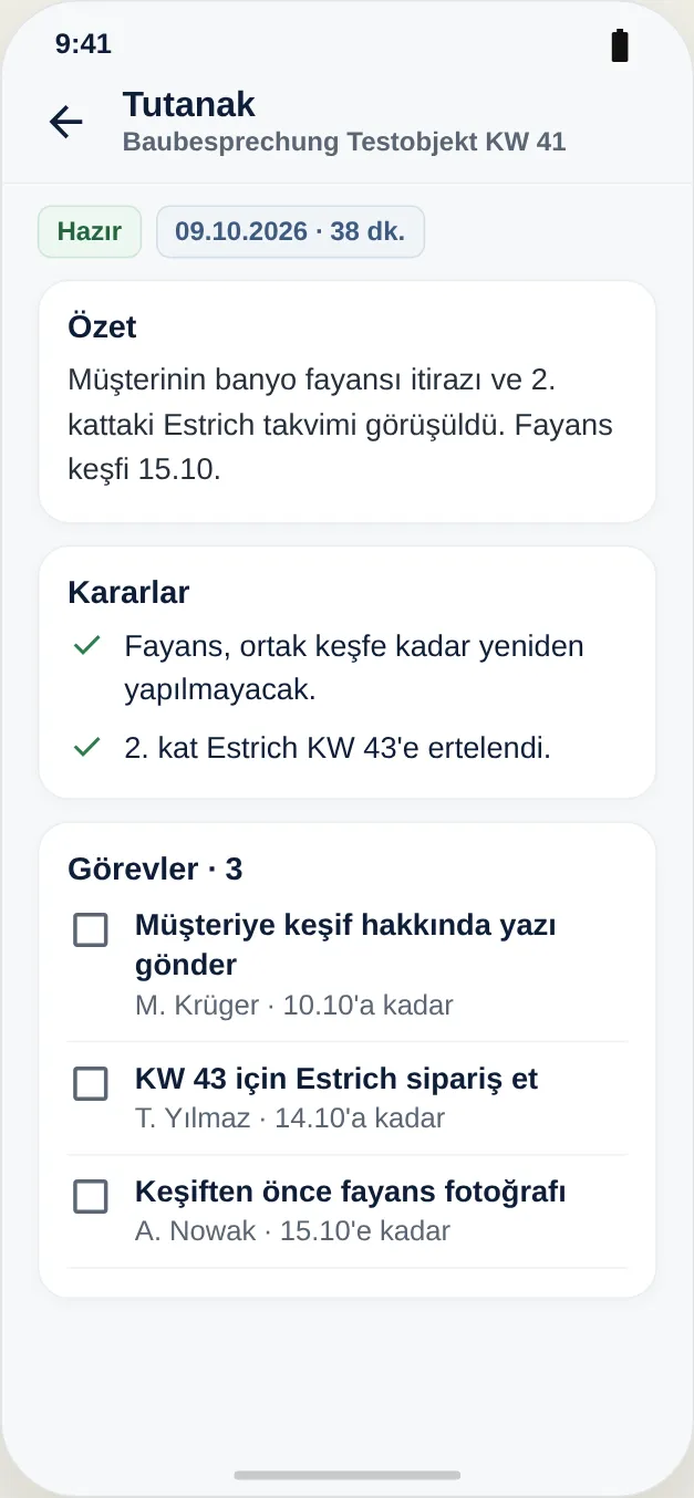 Özet, kararlar ve görevleri içeren tutanak