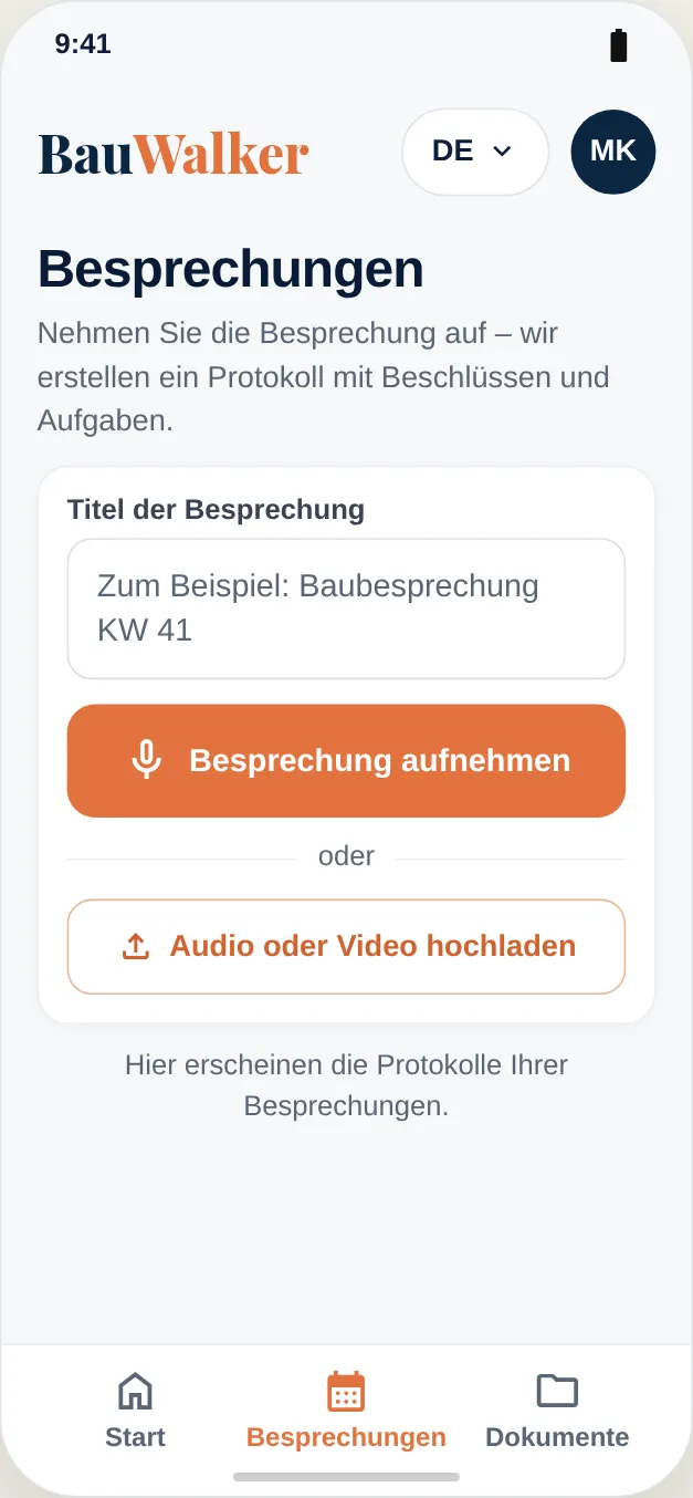 Besprechung aufnehmen oder Audio-/Videodatei hochladen