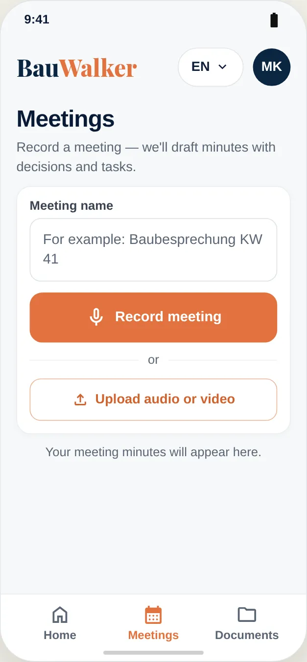 Record a meeting or upload an audio/video file