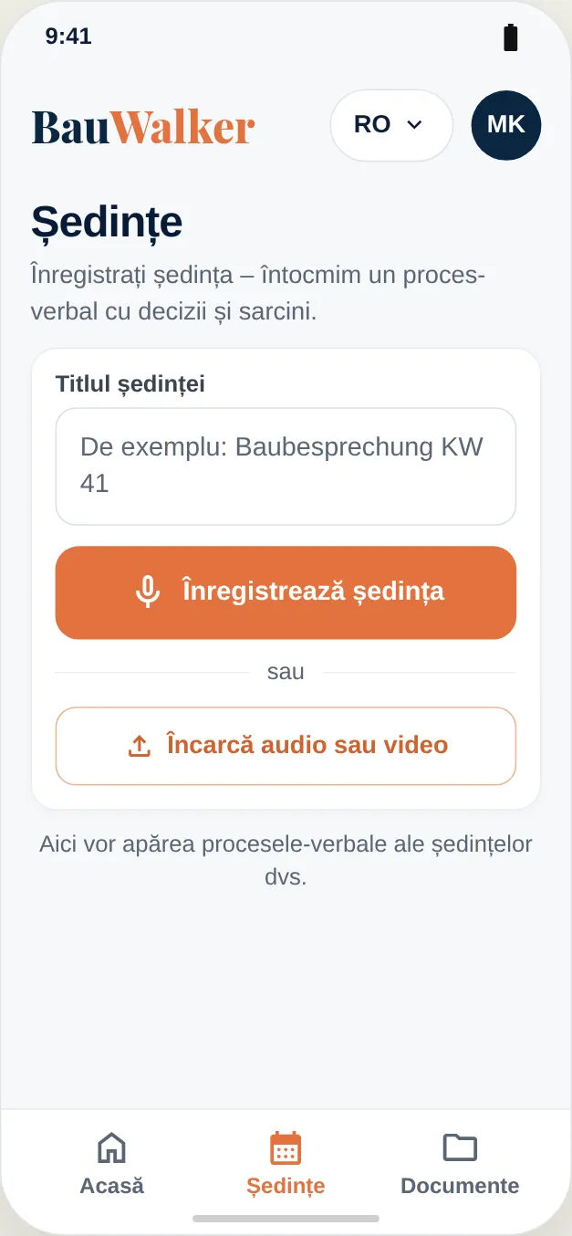 Înregistrați ședința sau încărcați un fișier audio/video