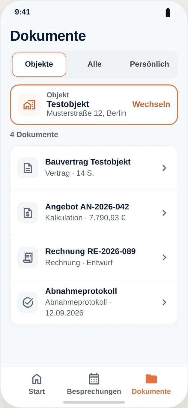 Ein Objekt mit seinen Dokumenten: Vertrag, Angebot, Rechnung, Abnahmeprotokoll