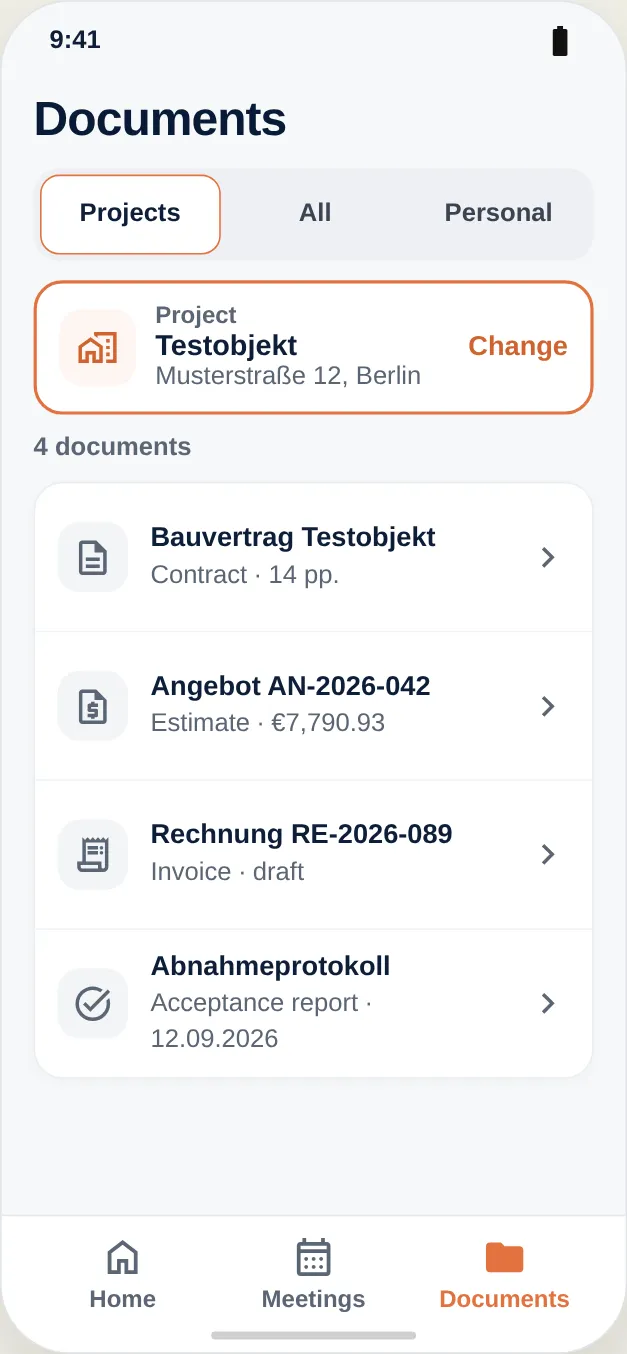 One project with its documents: contract, quote, invoice, acceptance report