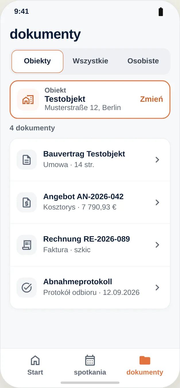 Obiekt wraz z dokumentami: umowa, oferta, faktura, protokół odbioru