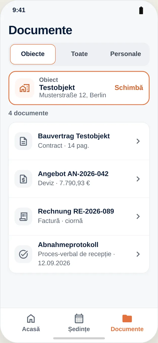 Un obiectiv cu documentele lui: contract, ofertă, factură, proces-verbal de recepție