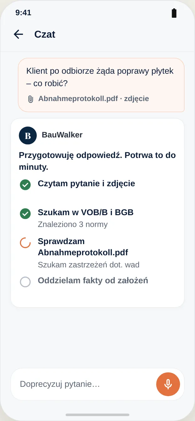 Przeszukiwanie VOB/B i BGB, sprawdzenie protokołu odbioru