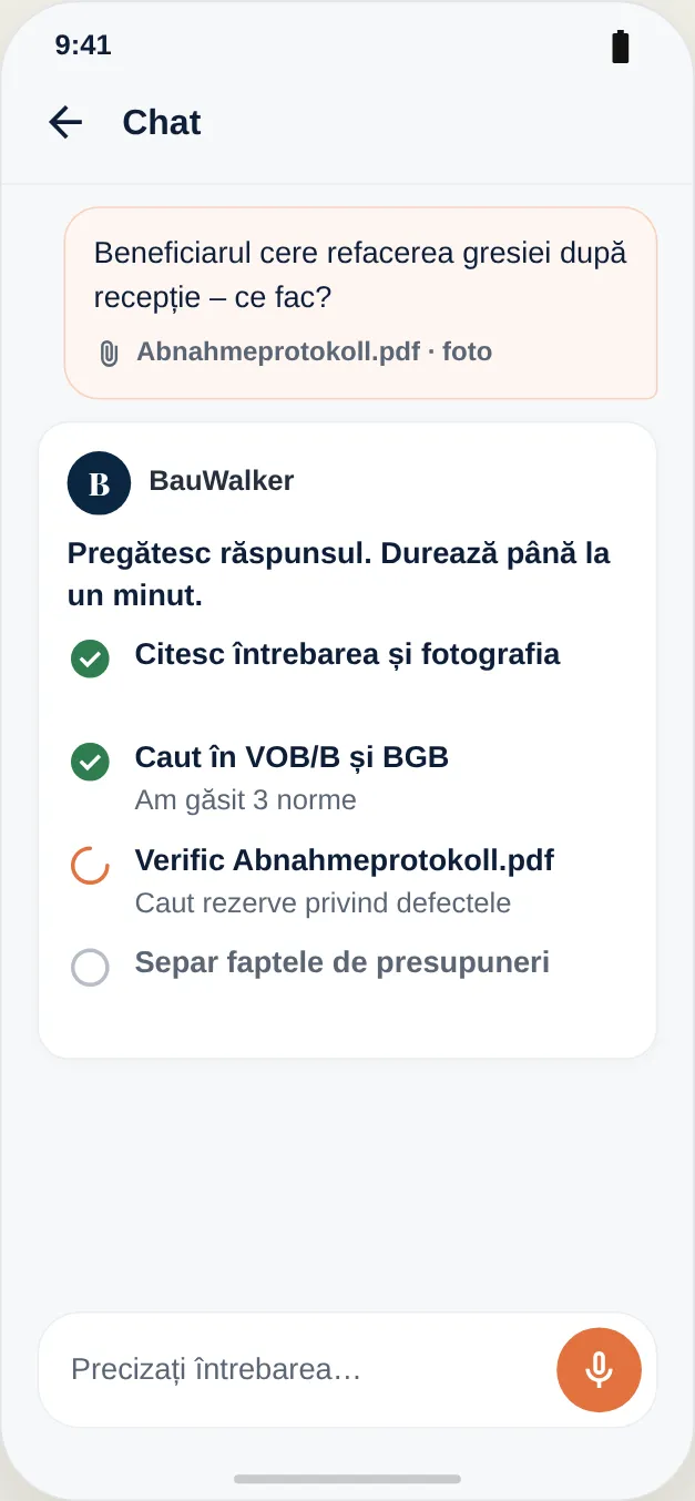 Căutare în VOB/B și BGB, verificarea procesului-verbal de recepție