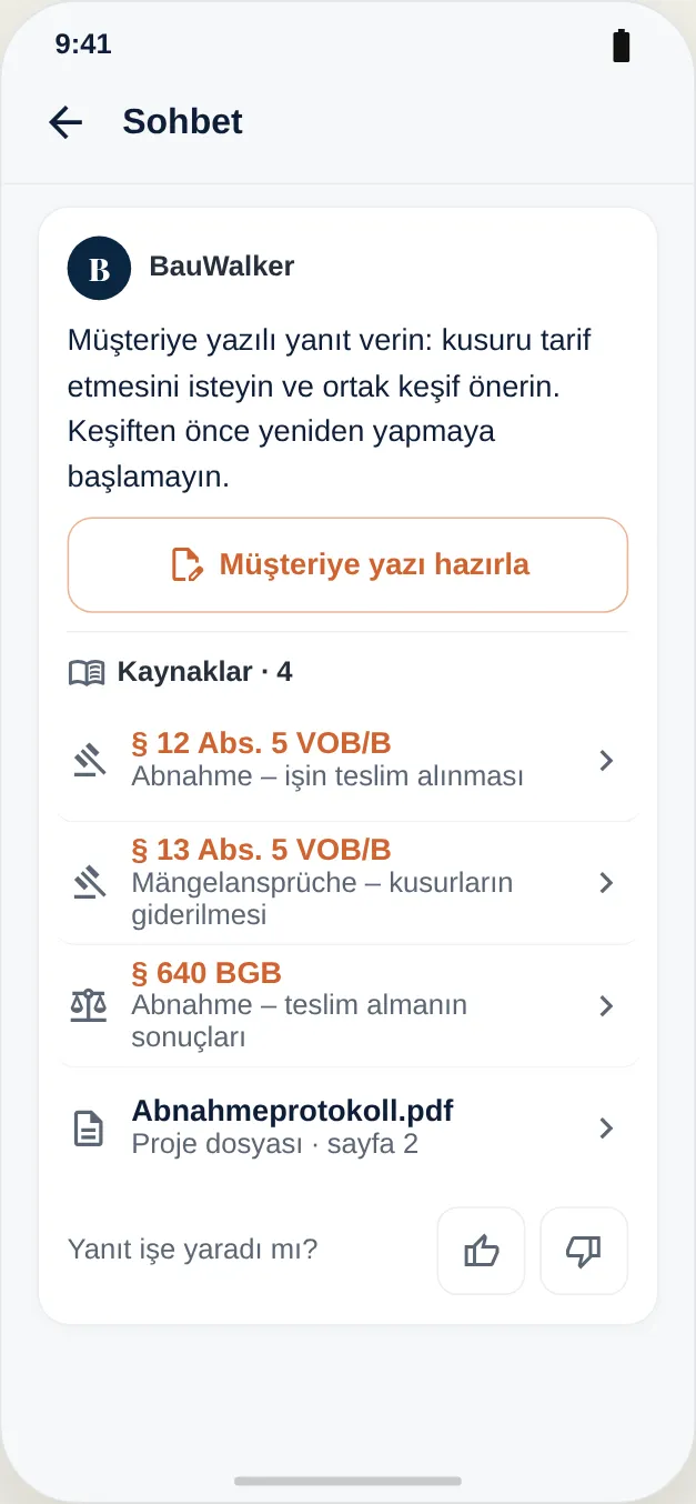 Kaynaklar: VOB/B ve BGB'den normlar ile proje dosyası