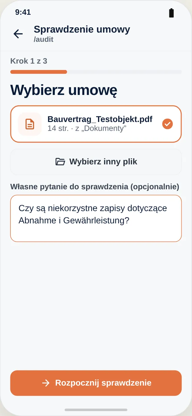 Wybierz umowę i opcjonalnie zadaj własne pytanie