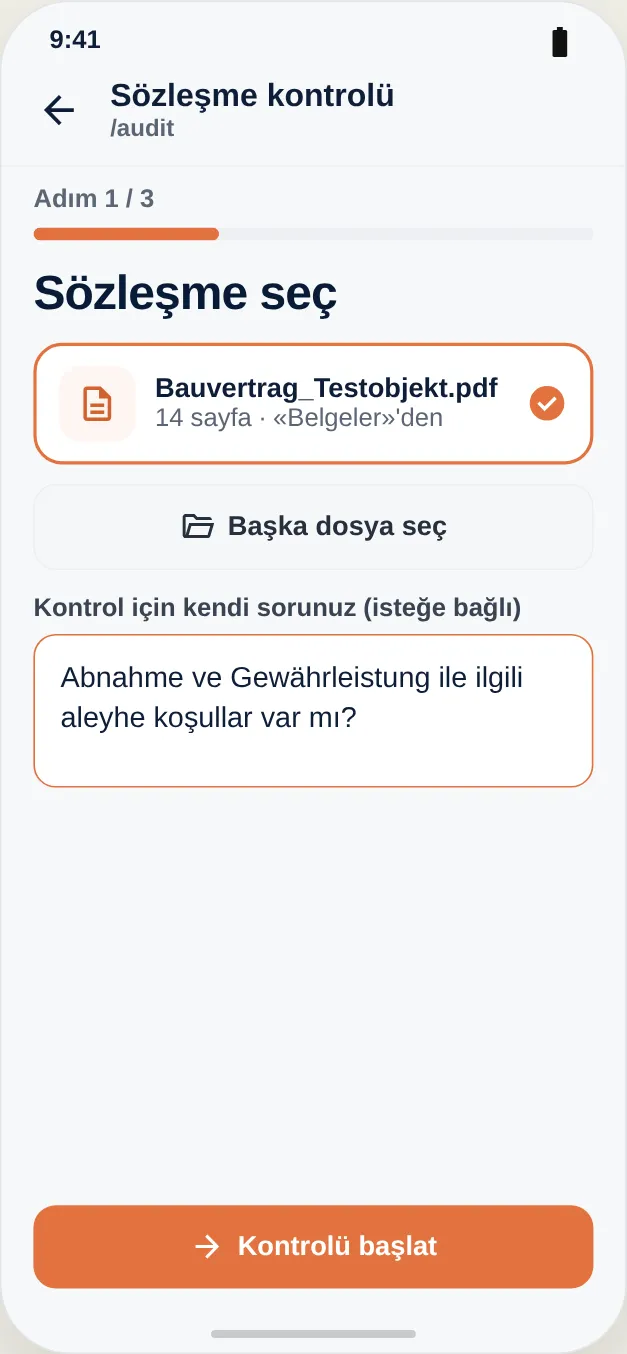 Sözleşmeyi seçin ve isteğe bağlı olarak kendi sorunuzu sorun