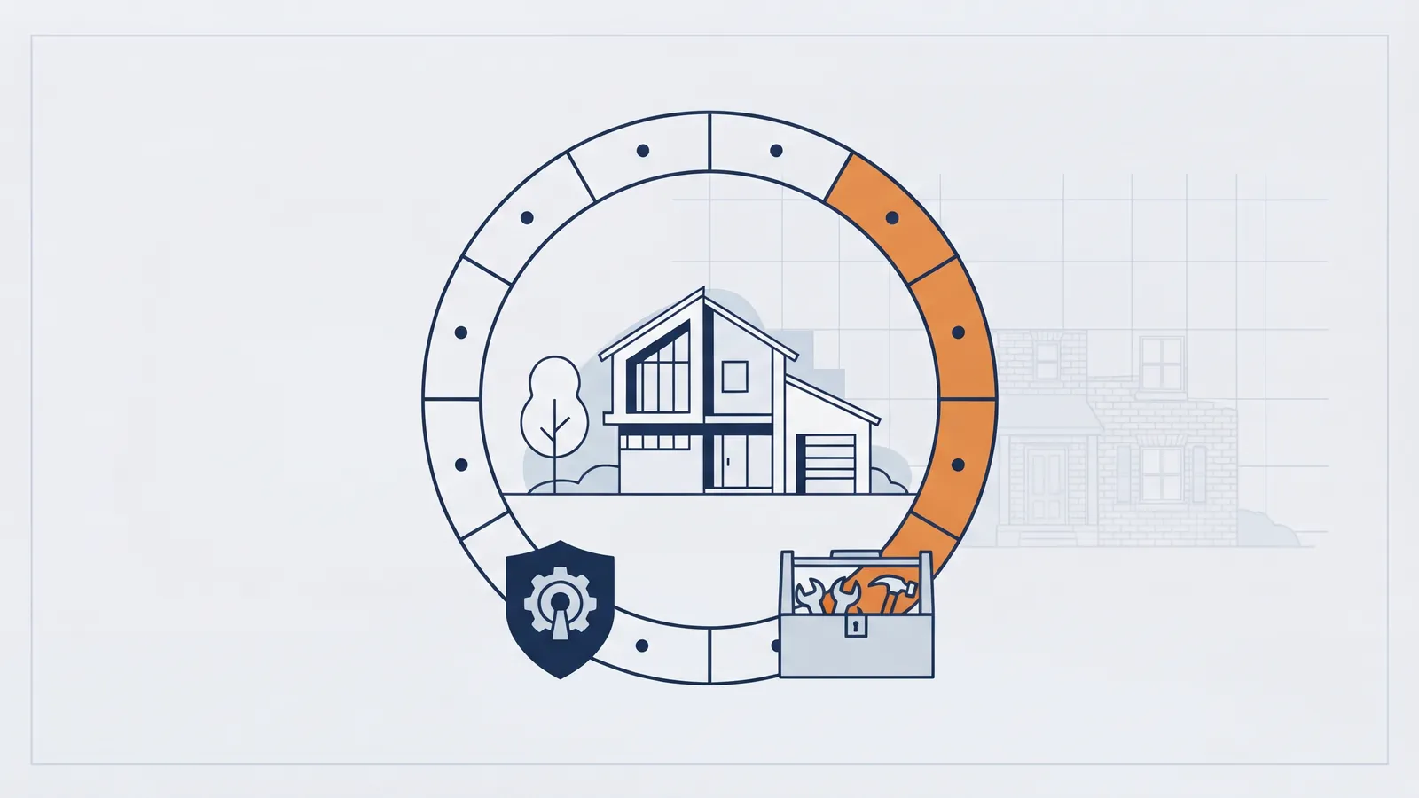Haus mit Zeitring für Verjährungsfristen und Werkzeugkasten